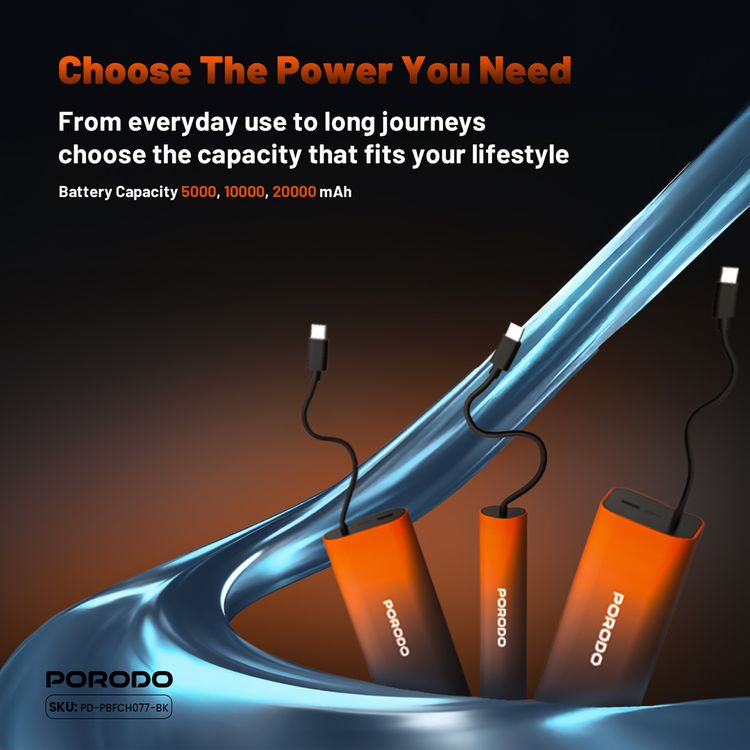 Porodo PB077 20000mAh Power Bank with  Integrated Type-C Cable, PD 20W, Type-C Ports, Portable Design, Fast Charge Support - Black