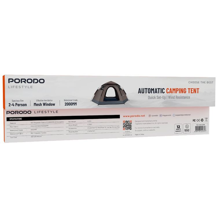 Porodo Lifestyle Automatic Camping Tent for Up to 4 People, Mesh Window, Water-Proof & Wind-Resistance, Quick & Easy Set-Up, Includes Ground Nails & Storage Bag - Brown
