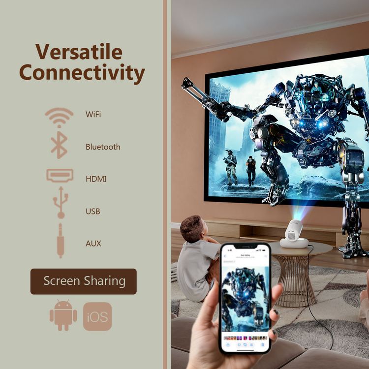Porodo Lumacast Smart Full HD Projector with Auto Focus & Keystone, Cinematic Screen Viewing, Wireless Screen Mirroring, Android 13 Operating System - White
