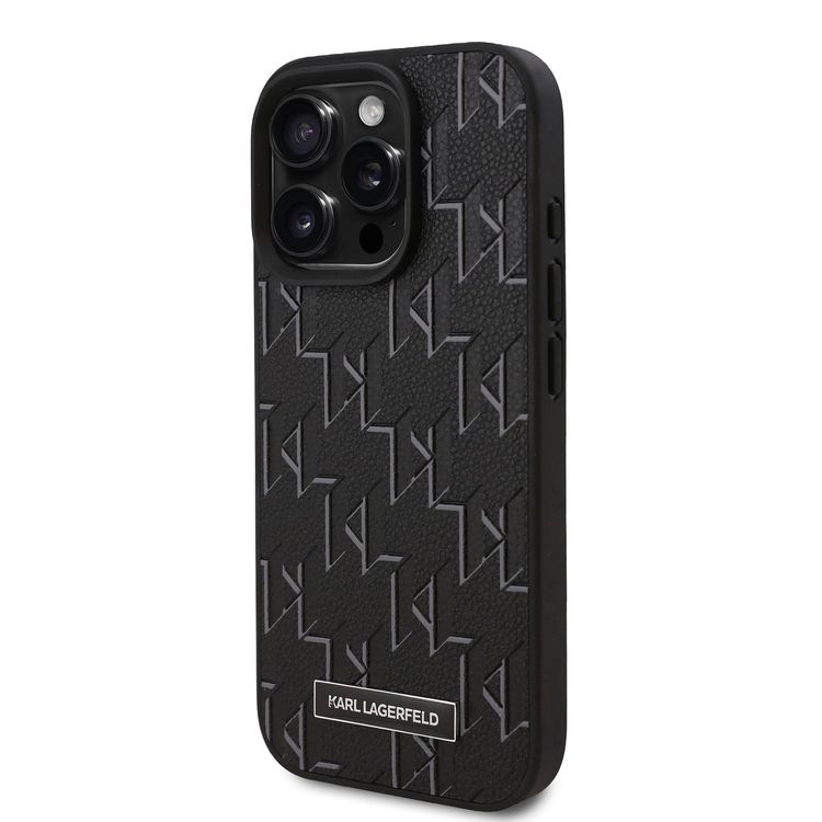 Karl Lagerfeld PU Hard Case for iPhone 16 Pro with Karl Lagerfeld Hot Stamp, Slim Profile, Lightweight, Sustainable Packaging, Comfortable Grip, Easy Snap-on  - Black