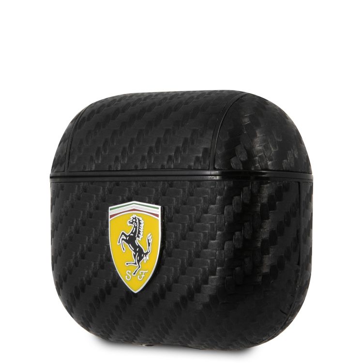 Ferrari PC PU Carbon Yellow Shield Metal Logo Case for Airpods 3 - Black