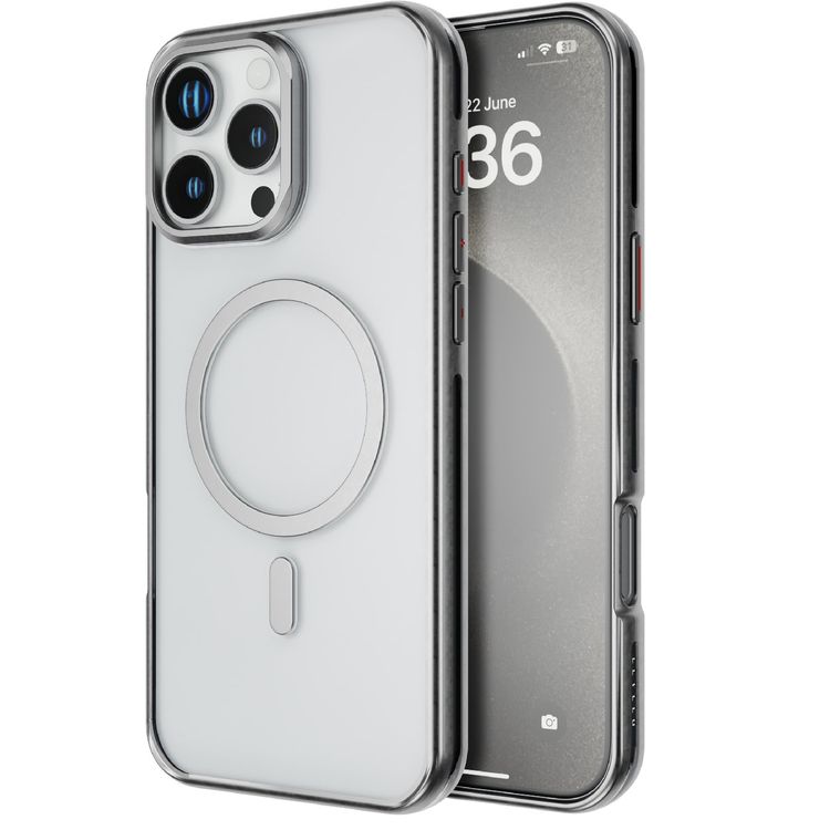 Levelo Elio PC Case with Camera Ring Stand for iPhone 16 Pro Max, Built-in Kickstand, MagSafe Compatible - Silver 