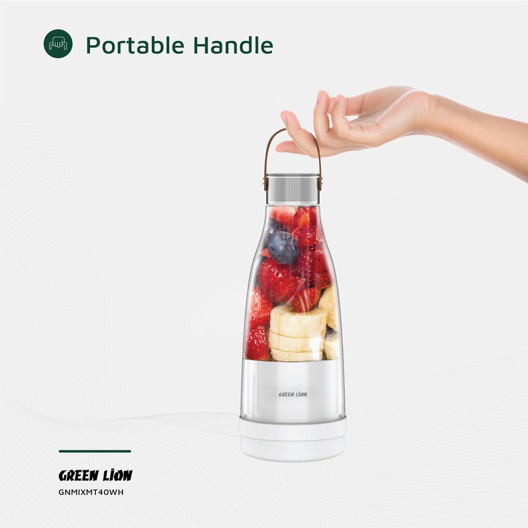 Green Lion Mix Mate Portable Juicer with 300mL Capacity, 1500mAh Battery Capacity, BPA Free PET Jar Material, Stainless Steel Blade Material, Type-C Charging Port, 3-4 Hours Charging Time - White