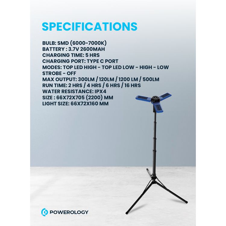 Powerology 2600mAh Camping Light with Tripod Stand, Built-in Solar Panels, 16 Hours Working Time, 5 Hours Charging Time, 180° Magnetic Head Lamp, 3 Light Modes, IPX4 - Black  