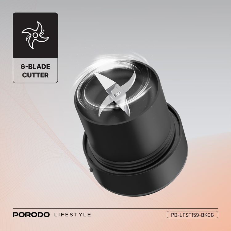 Porodo Lifestyle 6-Blade Portable Blender & Insulated Mug with 900mL Capacity, 18000 RPM Motor Speed, 70W Rated Power, 304 Food-Grade Stainless Steel Material, Keeps Hot & Cold for up to 6 Hours, 2x 1500mAh Battery Capacity, USB-C Charging Interface, Spill-free Lid Design - Black / Orange