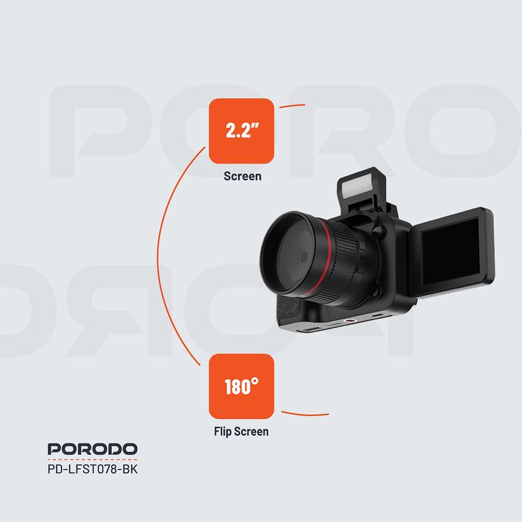 Porodo Lifestyle Mini Digital Camera with 64GB Memory Card, 650mAh Battery Capacity, 180° Flip Screen, 3 Hours Working Time, 2.2" Screen, 16× Zoom, 4K Video, 2.5 Hours Charging Time - Balck 
