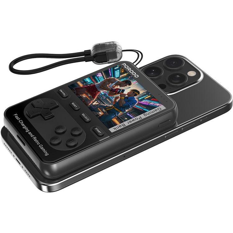 بنك طاقة بورودو أركيدفولت ماج سيف 10000 مللي أمبير/ساعة مع وحدة تحكم مدمجة، +100 لعبة كلاسيكية، PD 20 وات، شاشة عالية الدقة 2.8 بوصة، كابل USB-C - أسود