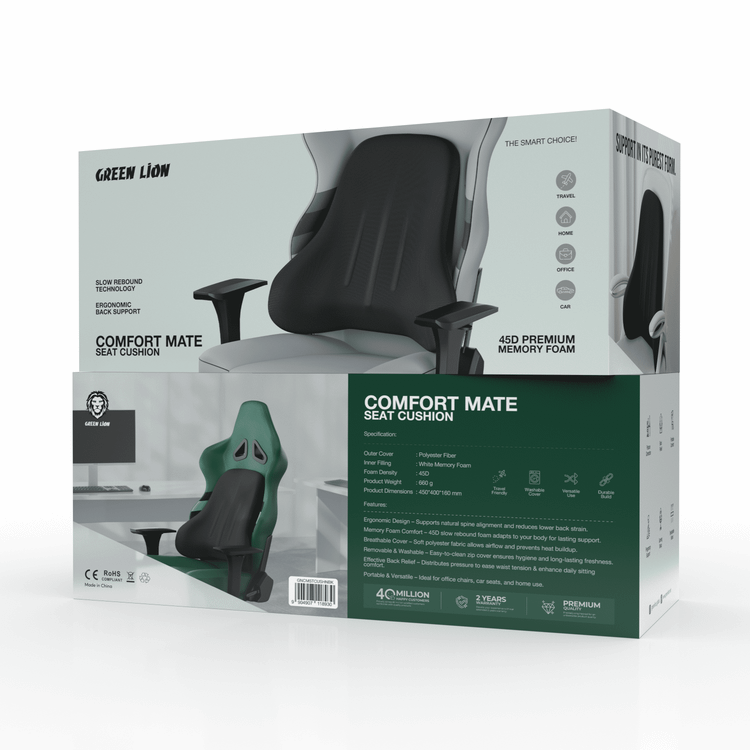 Green Lion Comfort Mate Seat Cushion with Breathable Fabric, Gaming Setup, Ergonomic Back Support, Slow Rebound Technology, Travel Friendly, Washable Cover, Versatile Use, Durable Build, Posture Correction, Back Relief, Portable Comfort, Pregnancy Support - Black