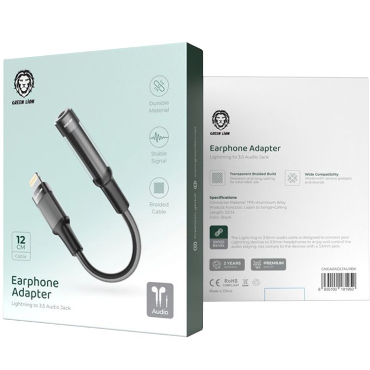 محول سماعة رأس Green Lion بموصل Lightning إلى مقبس صوت 3.5 مم، طول الكابل 12 سم، وظيفة تشغيل الموسيقى والمكالمات، عمر افتراضي لأكثر من 10,000 انحناء - أسود