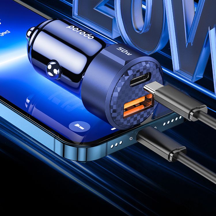 Porodo 50W Dual Port Car Charger, 20W Power Delivery, Simultaneous Fast Charging, 30W Quick Charge, Multi Protection, Carbon Fiber Print, Lightweight & Portable - Blue