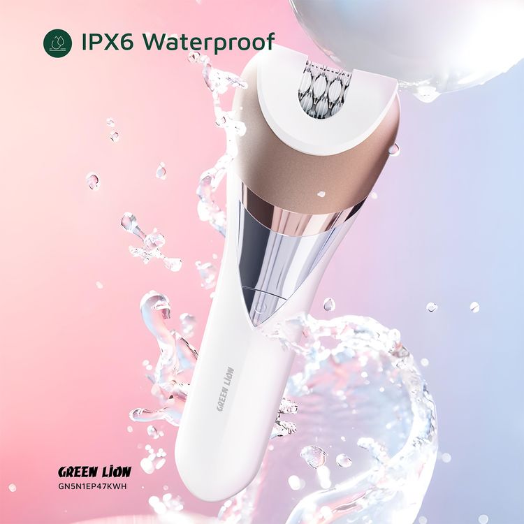 Green Lion 5-in-1 Cordless Epilator Kit with Ergonomic Design, Type-C Charging, #280 DC Brushed Motor, 6300RPM Motor, Stainless Steel Blade, 1400mAh Battery Capacity, Digital Display - White