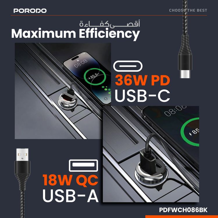 Porodo Dual Port Transparent Car Charger with PD 36W, QC 18W, USB-A & USB-C Ports, Pull Ring Handle, Fast Charging Technology, Smart Charging Protocols, Universal Compatibility - Black