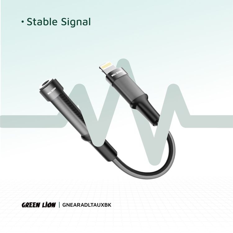 محول سماعة رأس Green Lion بموصل Lightning إلى مقبس صوت 3.5 مم، طول الكابل 12 سم، وظيفة تشغيل الموسيقى والمكالمات، عمر افتراضي لأكثر من 10,000 انحناء - أسود