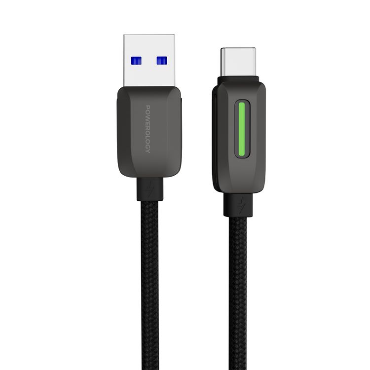 Powerology 12W Braided USB-A to USB-C Cable, 1.2m Optimal Length, Safety Protection, 480Mbps Rapid Data Transfer, Braided PVC with Zinc Alloy Connectors - Black 