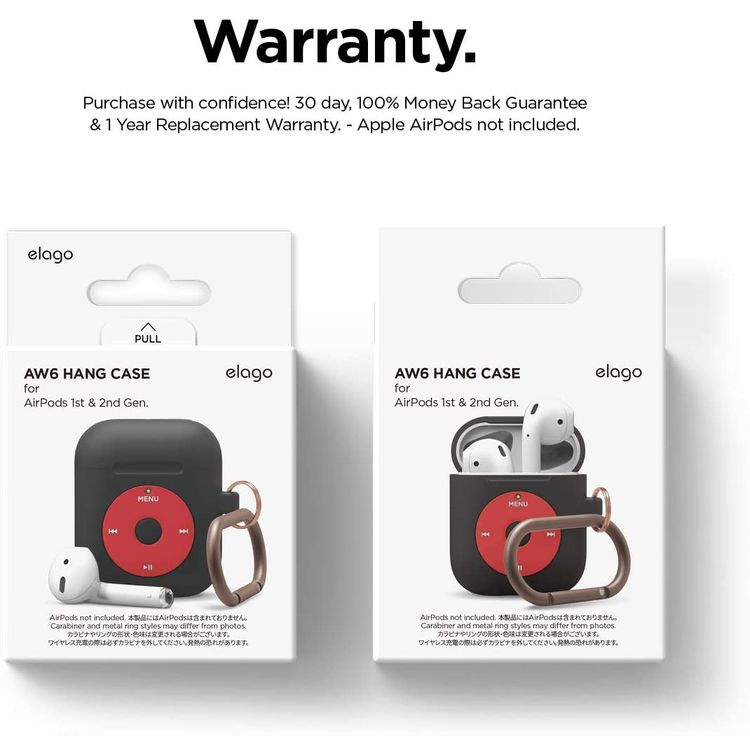 Elago AW6 Hang Case Designed with Anti-Lost Carabiner Compatible for Apple AirPods  1 & 2 Generation, Classic Music Player Design, Supports Wireless Charging, Scratch Resistant
