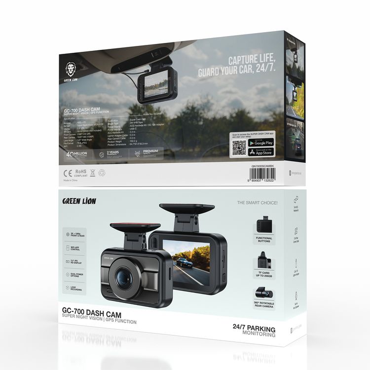 Green Lion GC-700 Dash Cam with GPS Function Loop Recording, Dual Power Options, WiFi-App Control, Built-in Mic & Speaker, 360° Rotatable Rear Camera, Functional Buttons, USB-C Power Interface Kit, 3.4m ACC Hardwire Kit - Black