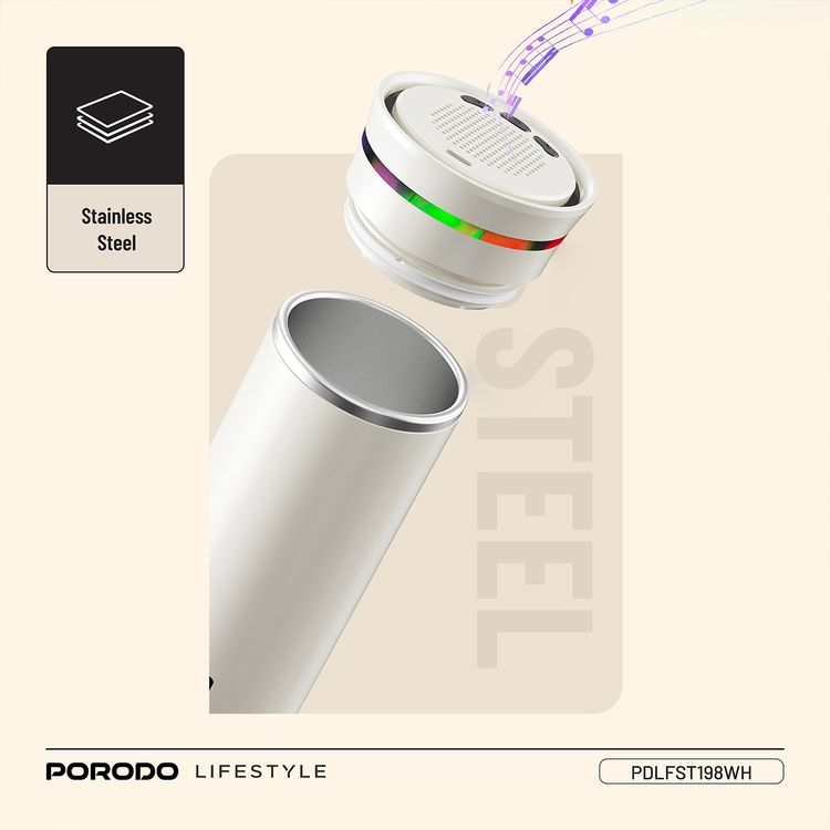 Porodo Fluxmix 350mL Stirring Cup with Speaker, LED Temperature Display, 200 Cycles Blender Battery Life, 2 Hours Speaker Battery Life, 5W Speaker Power, Bluetooth Version 5.3, 155mAh Blender Battery Capacity, 600mAh Speaker Battery Capacity, Touch Control, 304 Stainless Steel Material - White
