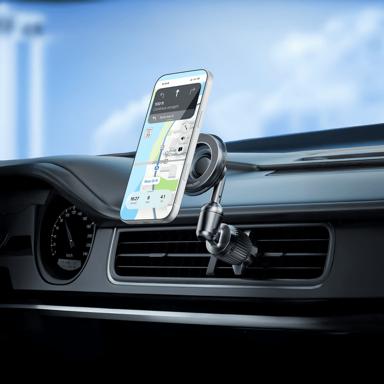 Powerology Logan 360° Rotation Head MagSafe Car Phone Holder with Strong Magnetic Hold, 4 Flexible Rotating Joints, Adjustable Viewing Angle, One-Handed Operation, Air Vent Clip, 18× N52 Powerful Magnets, Horizental & Vertical, 18N Magnetic Force, ABS+ PC+ Aluminum Material - Black