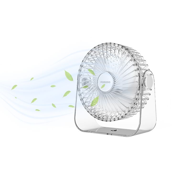 Porodo Portable Transparent Cooling Fan with Nightlight, 120° Oscillation, 3 Speed Levels, 3000mAh Battery Capacity, 3-9.5 Hours Working Time, 2.5 Hours Charging Time, ABS Material, Type-C Charging Interface, Whisper-Quiet Operation - Clear