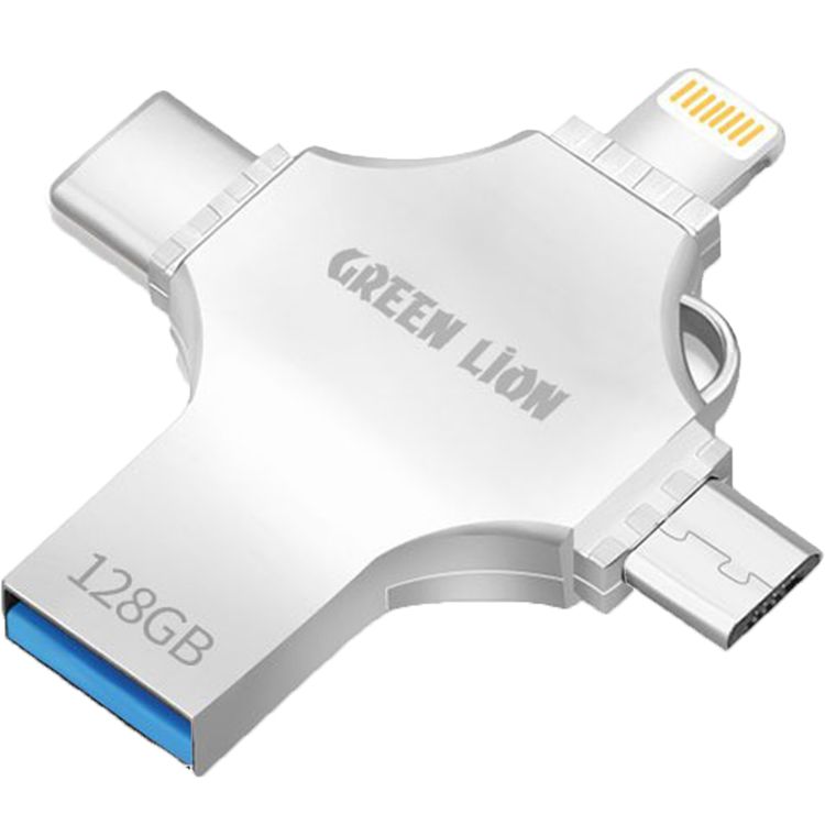 Green Lion 4-in-1 USB Flash Drive 128GB with High Speed Data Transfer, USB-A, USB-C, Micro USB & Lightning Connectors - Silver