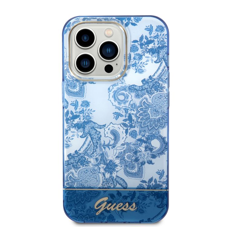 Guess PC/TPU IML Case With Double Layer Electroplated Camera Outline & Toile De Jouy - iPhone 14 Pro - Blue