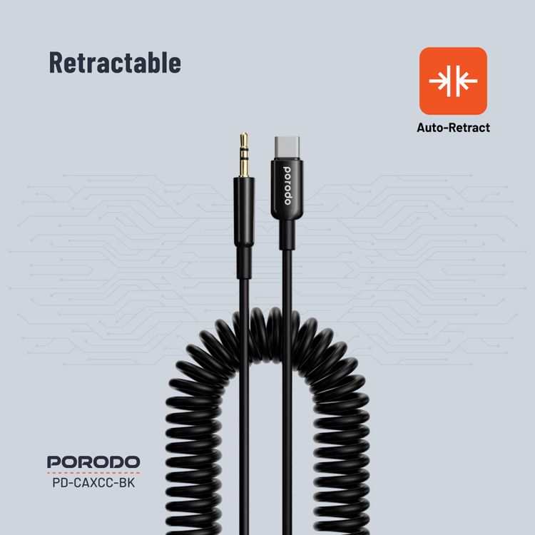 Porodo 3.5mm AUX to USB-C Coiled Audio Cable with 1.2m Length, Universal Compatibility, Auto-Retract & Tangle-Free Design - Black