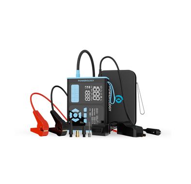 Powerology All-In-One Car Emergency Solution with Jump Starter, Air Inflator, OBD II Car Fault Diagnosis Toll, Smart Inflation System, 0.01-Bar Precision, Universal Device Charging, Digital Pressure Display, Large Battery Capacity, Multi-Vehicle Ready - Black/Blue