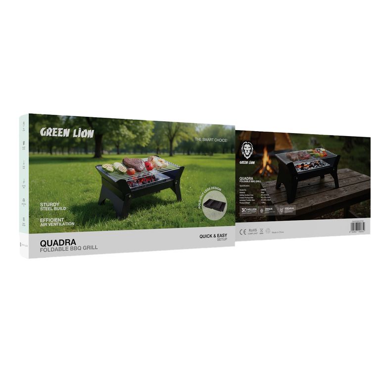 شواية باربكيو قابلة للطي من جرين ليون كوادر مع صينية فحم متينة، وتهوية هواء فعالة، مصنوعة من الفولاذ، مناسبة للتخييم، ورف شواء قابل للإزالة - باللون الأسود.