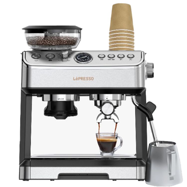LePresso 20 Bar Espresso Coffee Maker with Bean Grinder, Cup Warmer, Milk Steamer, Multiple Brewing Options - Silver 