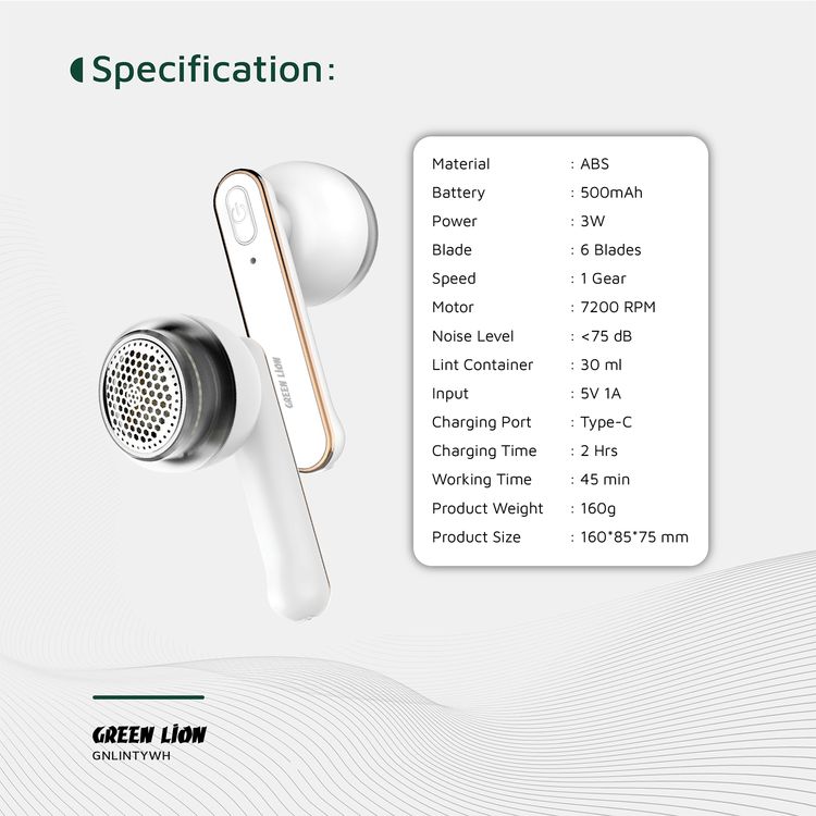 Green Lion Lint Y Lint Remover with 6-Blade Motor, 1 Gear Speed, 500mAh Battery, 45 Minutes Working Time, LED Indicator, 3W Power, 30mL Lint Container, Safety Protection, Travel-Friendly - Black