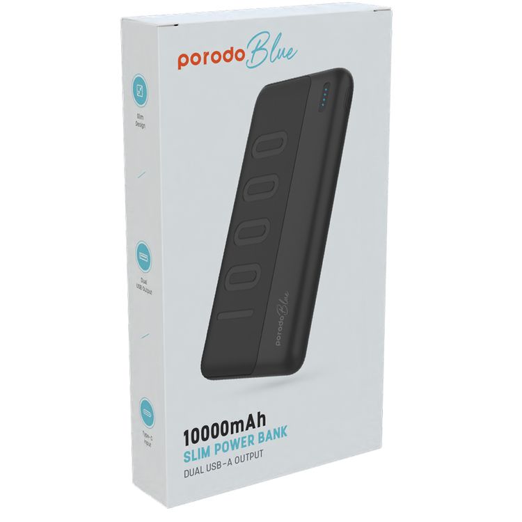 Porodo Blue 10000mAh Slim Power Bank with Dual USB-A Output, Lightweight & Compact Design, Type-C Input, LED Indicator - Black