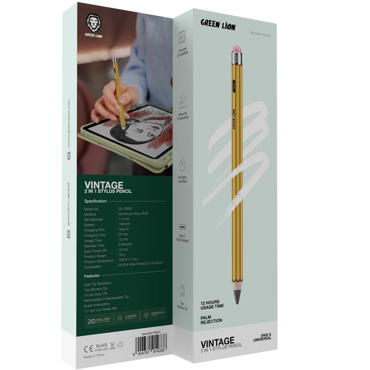 Green Lion Vintage 2-in-1 Stylus Pencil with Up to 12 Hours Working Time, 1.7mm Nib Diameter, Removeable & Replaceable Tip, 130mAh Battery Capacity, Palm Rejection - Yellow
