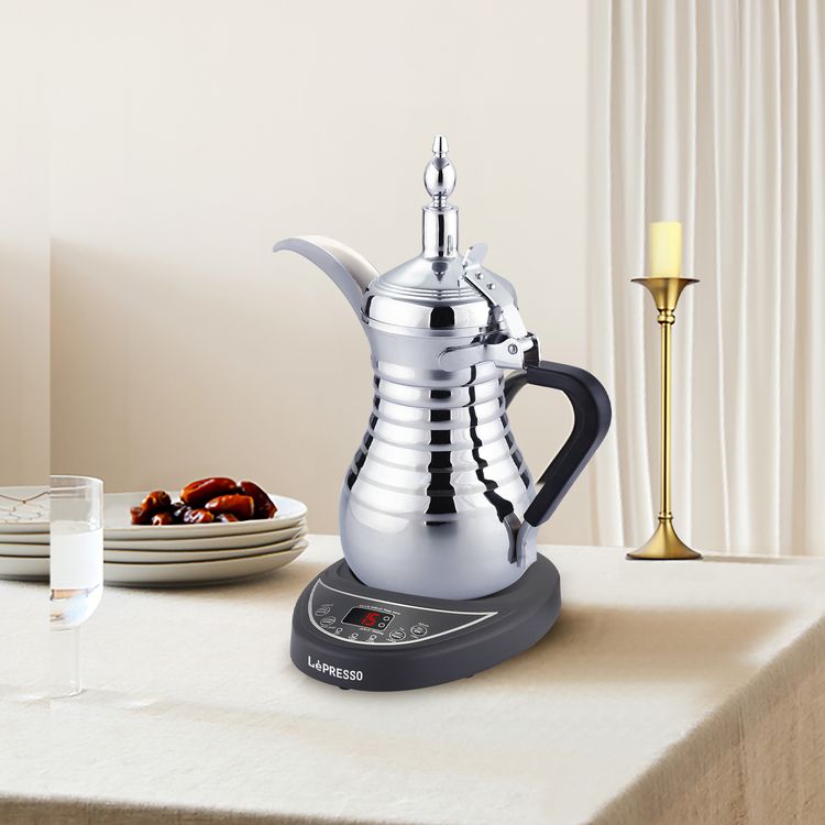 LePresso Arabic Coffee & Tea Dallah with 750mL Capacity, 800W Rated Power, Stainless Steel, Over-Heat Protection, Keep Warm Feature - Silver