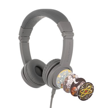 سماعات رأس سلكية للأطفال من BuddyPhones Explore+ مع كابل صوت قابل للفصل، وعصابة رأس قابلة للطي ومبطنة، و4 ملصقات زخرفية، وعمر بطارية يصل إلى 8 ساعات - رمادي جوهري