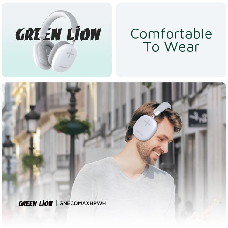 Green Lion Echo Max Wireless Headphones, Comfortable To Wear, Built-in Microphone, Lightweight, 40mm Magnet Size, 10m Maximum Range, 48 Hours Play Time - White