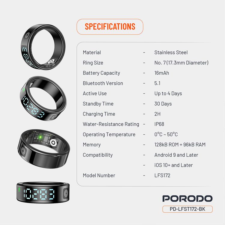 Porodo FitSync Smart Ring with Digital Display with Touch Scroll Function in Small Size 7, Up to 4 Days Active Use Time, 96KB Ram & 128KB ROM, Camera Gesture Control, Activity Tracking & 128 Sport Modes - Black