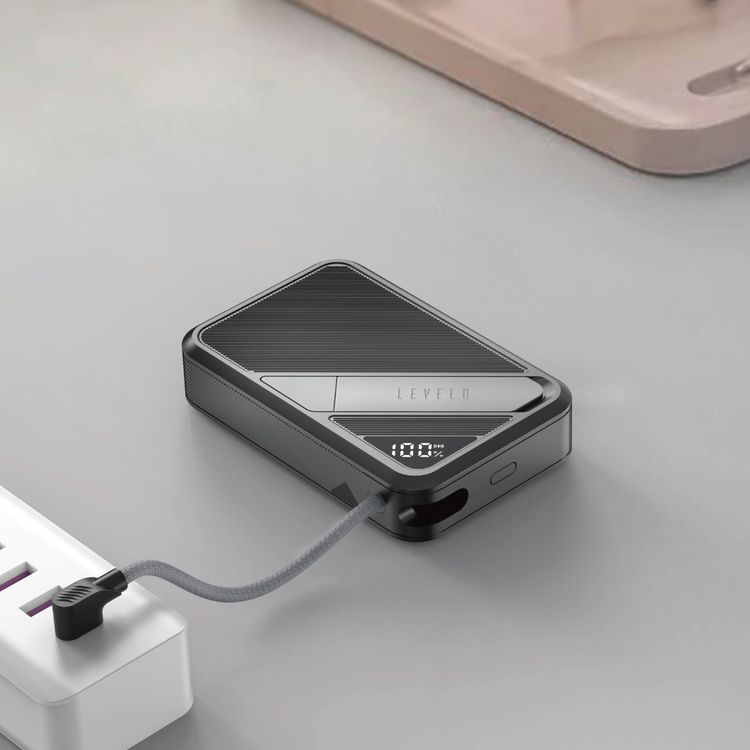 باور بانك Levelo Air Link 10000mAh MagSafe مع حامل وInt، وكابل إدخال/إخراج Type-C مدمج، وحامل مدمج، وشحن سريع Qi2 15 وات، وكابل قبضة، وشحن متزامن - أسود