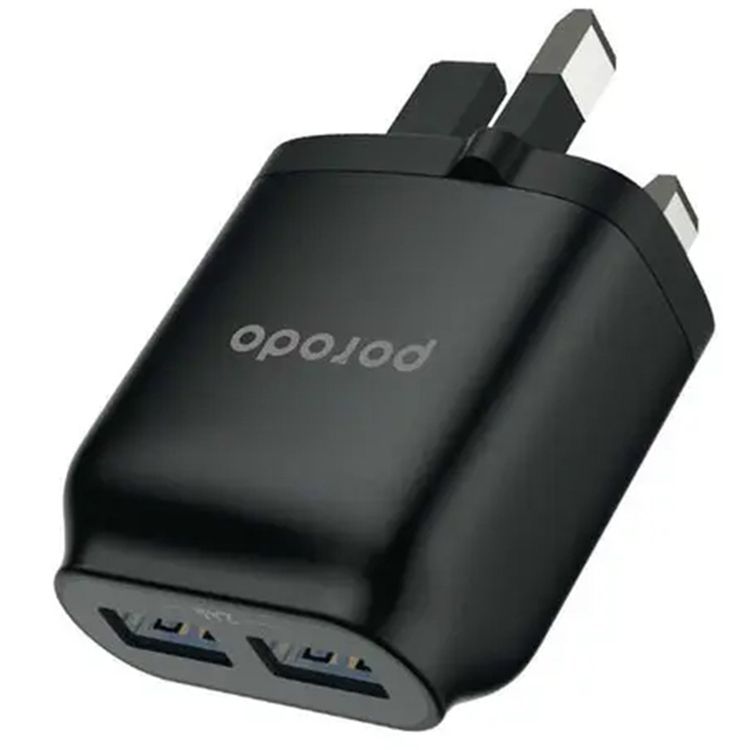 Porodo Dual Port UK Wall Charger with Fast Charging & Auto ID Support, 2.4A USB-A Current, Fireproof Material, Overheat Protection, Protective Safeguard - Black