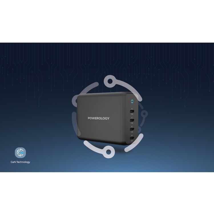 Powerology 165W GaN Desktop Charger with 4 USB-C PD Ports, Overload Protection, 100W Power Delivery, UK 3-pin Plug, 0%-60% Charge in 35 Minutes - Black