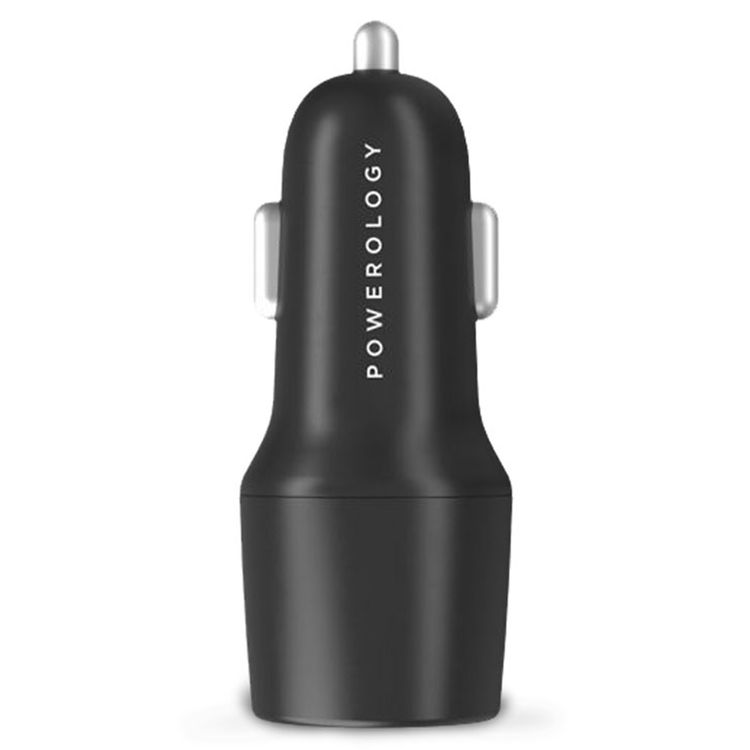 Powerology Dual Port Car Charger with USB-A & USB-C Ports, PD 35W, 47W Total Power, USB-C to Lightning Cable, 1.2m Cable Length, Fast Charging - Black