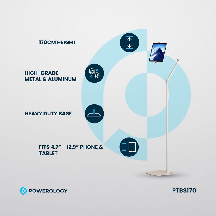 Powerology Adjustable & Rotatable Tablet Stand with Metal Base, Compatible with 4.7" to 12.9" Phones & Tablets, 360° Rotating Head, Telescopic & Flexible Arm Design, 170 cm Height, Heavy Base - White