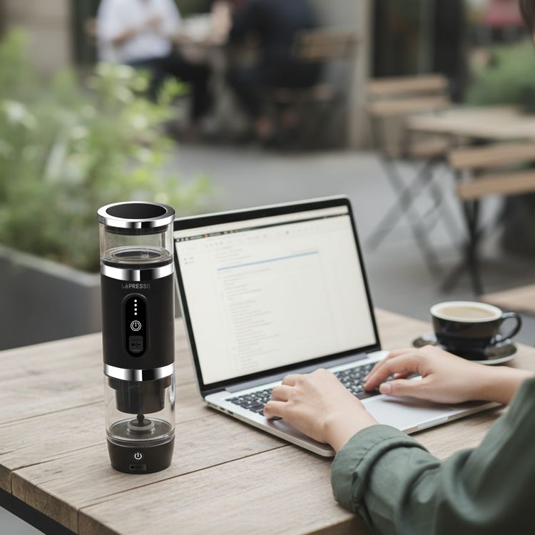 LePresso 4-in-1 Portable Coffee Machine with Milk Frother, 80mL Capacity, 20BAR Pressure, 2500mAh Battery Capacity, 100W Power, Compatible with Coffee Powder & Capsules, 3-4 Minutes Brewing Time - Black