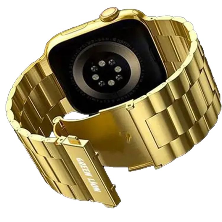 Green Lion Link Stainless Steel Strap for Apple Watch 42/44/45/49mm, Double Button Folding Clasp, Lightweight & Easy to Install, Comfortable to Wear, Waterproof - Gold