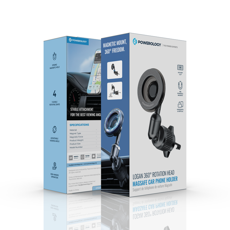 Powerology Logan 360° Rotation Head MagSafe Car Phone Holder with Strong Magnetic Hold, 4 Flexible Rotating Joints, Adjustable Viewing Angle, One-Handed Operation, Air Vent Clip, 18× N52 Powerful Magnets, Horizental & Vertical, 18N Magnetic Force, ABS+ PC+ Aluminum Material - Black