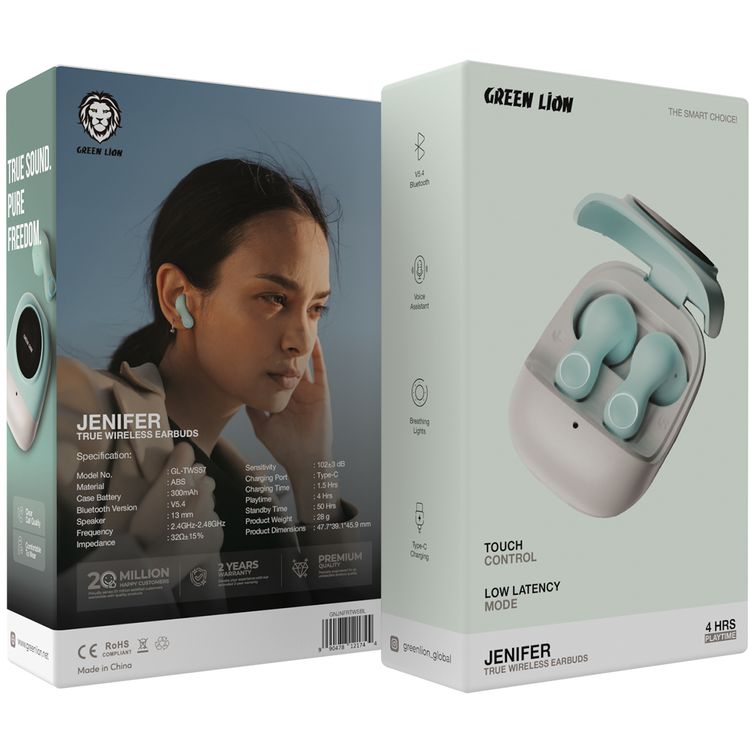 Green Lion Jenifer True Wireless Earbuds TWS, Touch Control, Voice Assistant, Breathing Lights, Clear Call Quality - Sky Blue