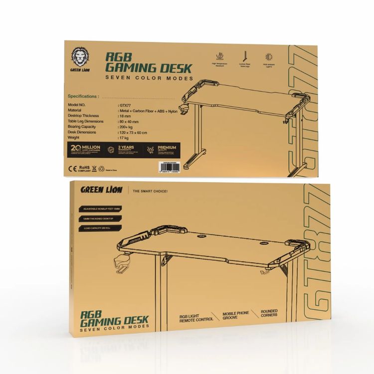 مكتب الألعاب Green Lion RGB مع أقدام غير قابلة للانزلاق قابلة للتعديل، قدرة تحمل تزيد عن 200 كجم، 7 أوضاع لونية، حامل أكواب، مقاوم للماء، زوايا مستديرة - أسود