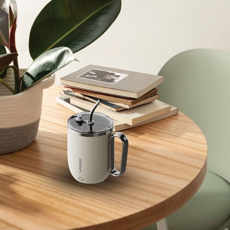 LePresso Sip Spin Magnetic Auto-Stirring Mug with Touch Button, 420mL Capacity, 300mAh Battery, 30s Mixing Time, USB-C Charging Port, Leak-proof Lid, Thermal Insulation, Durable & Easy-to-Clean Design - White