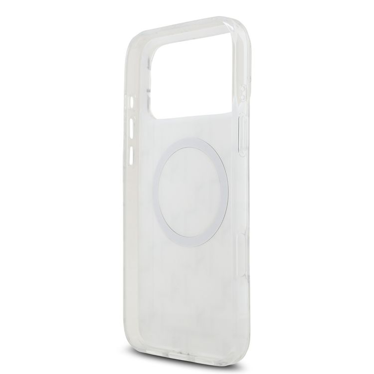 كفر كارل لاغرفيلد ماجسيف IML بتصميم مكرر لشعار كارل مطلي بالكهرباء لجهاز آيفون 17 برو ماكس، بروفايل نحيف، حماية من السقوط، سهل التركيب، تغليف مستدام، مسكة مريحة، تصميم خفيف الوزن - أبيض