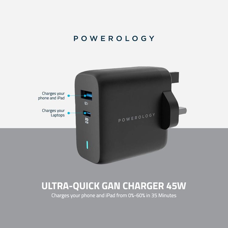 Powerology 63W Ultra-Quick GaN Charger 45W PD & USB-A Quick Charge 18W QC3.0 - Black