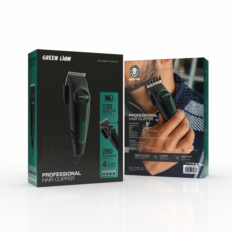 Green Lion Professional Hair Clipper with 4 Size Combs, Stainless Steel Material, 120 Minutes Working Time, 2.5 Hours Charging Time, 1200mAh Lithium Battery, Type-C Charging Port, LED Indicator - Black